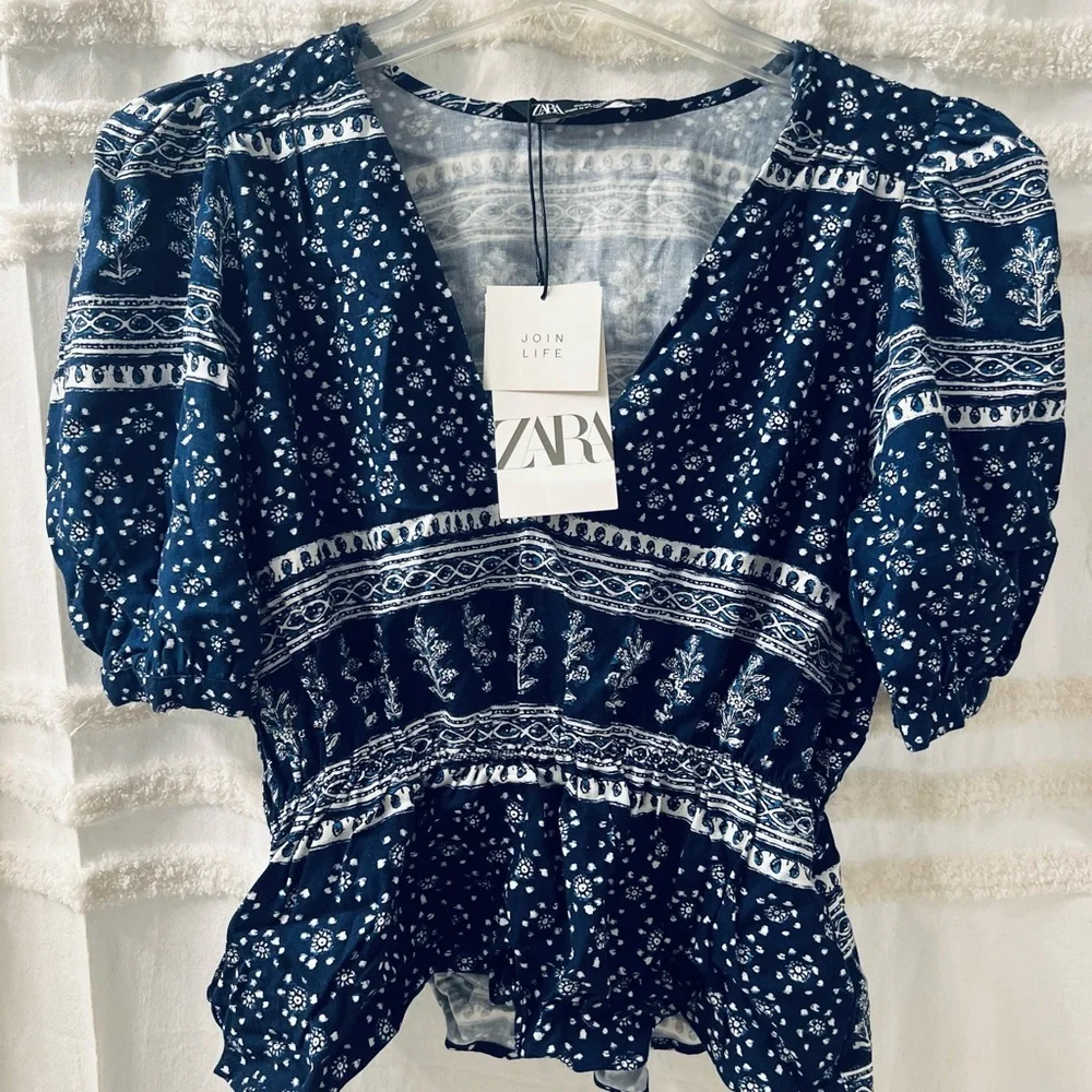 Zara Navy Blue Patterned Blouse
